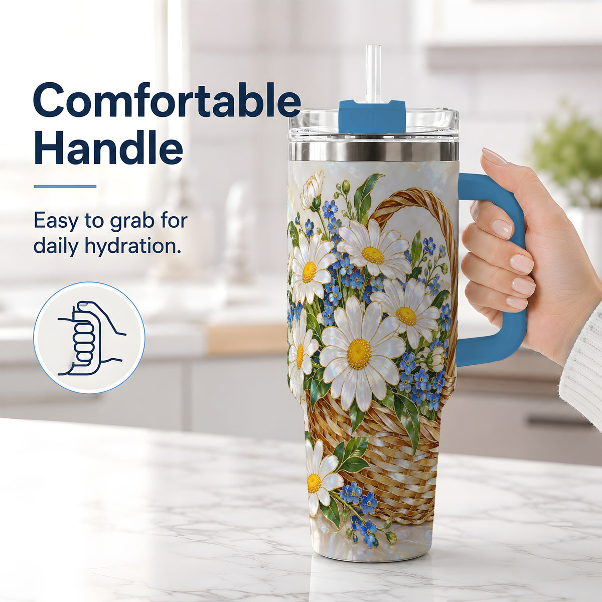 #pl[40oz|Blue] Daisy Flower Basket 40oz Tumbler, Botanical Floral Drinkware