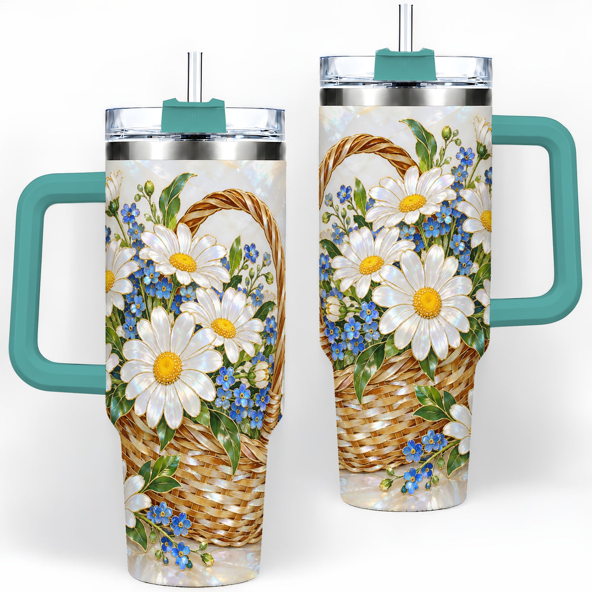 #pl[40oz|Green] Daisy Flower Basket 40oz Tumbler, Botanical Floral Drinkware