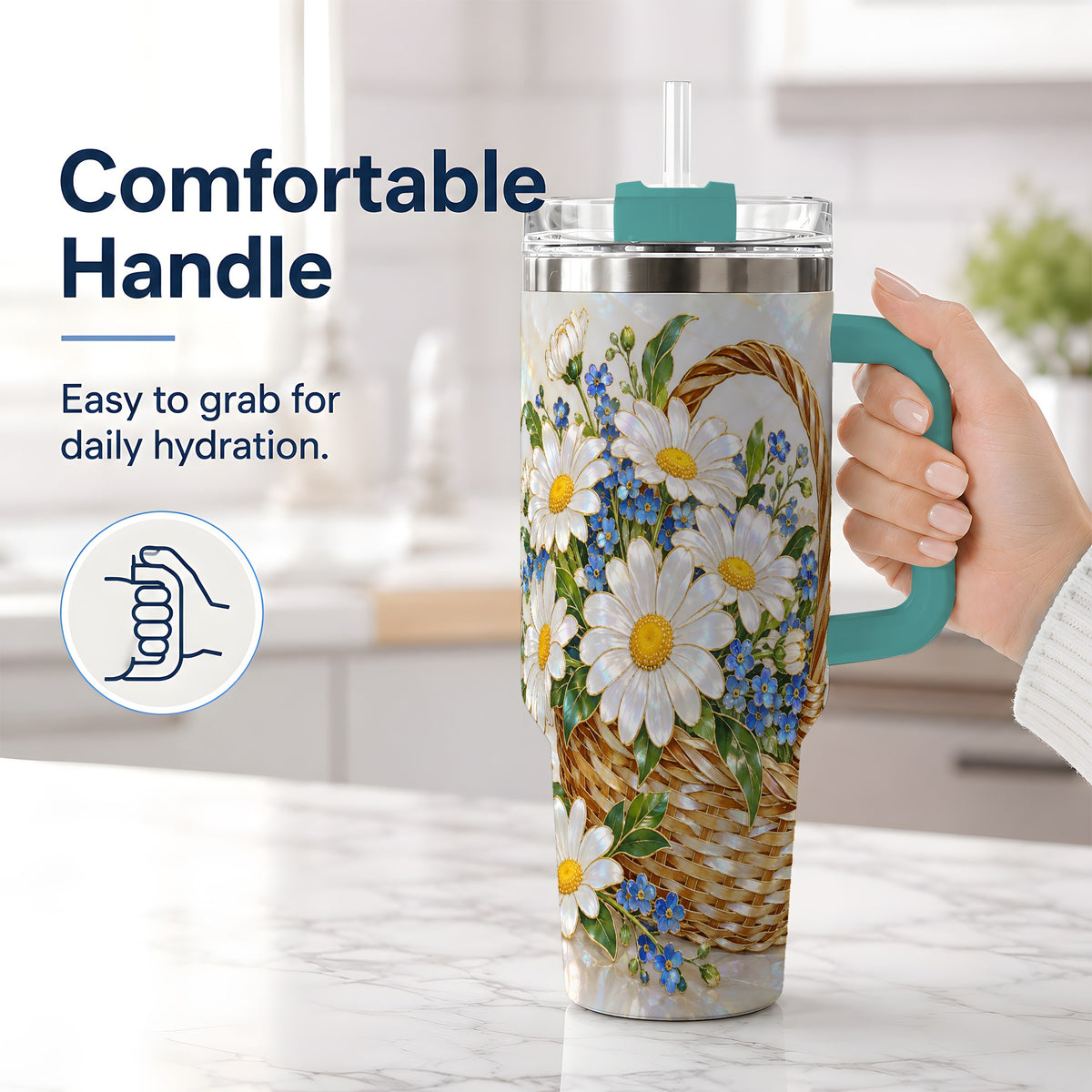 #pl[40oz|Green] Daisy Flower Basket 40oz Tumbler, Botanical Floral Drinkware