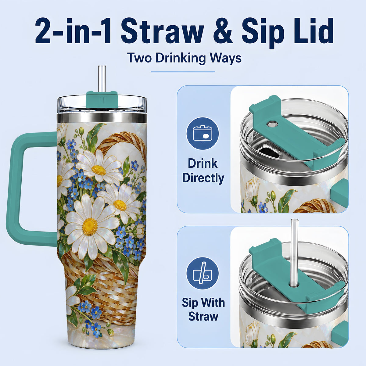 #pl[40oz|Green] Daisy Flower Basket 40oz Tumbler, Botanical Floral Drinkware