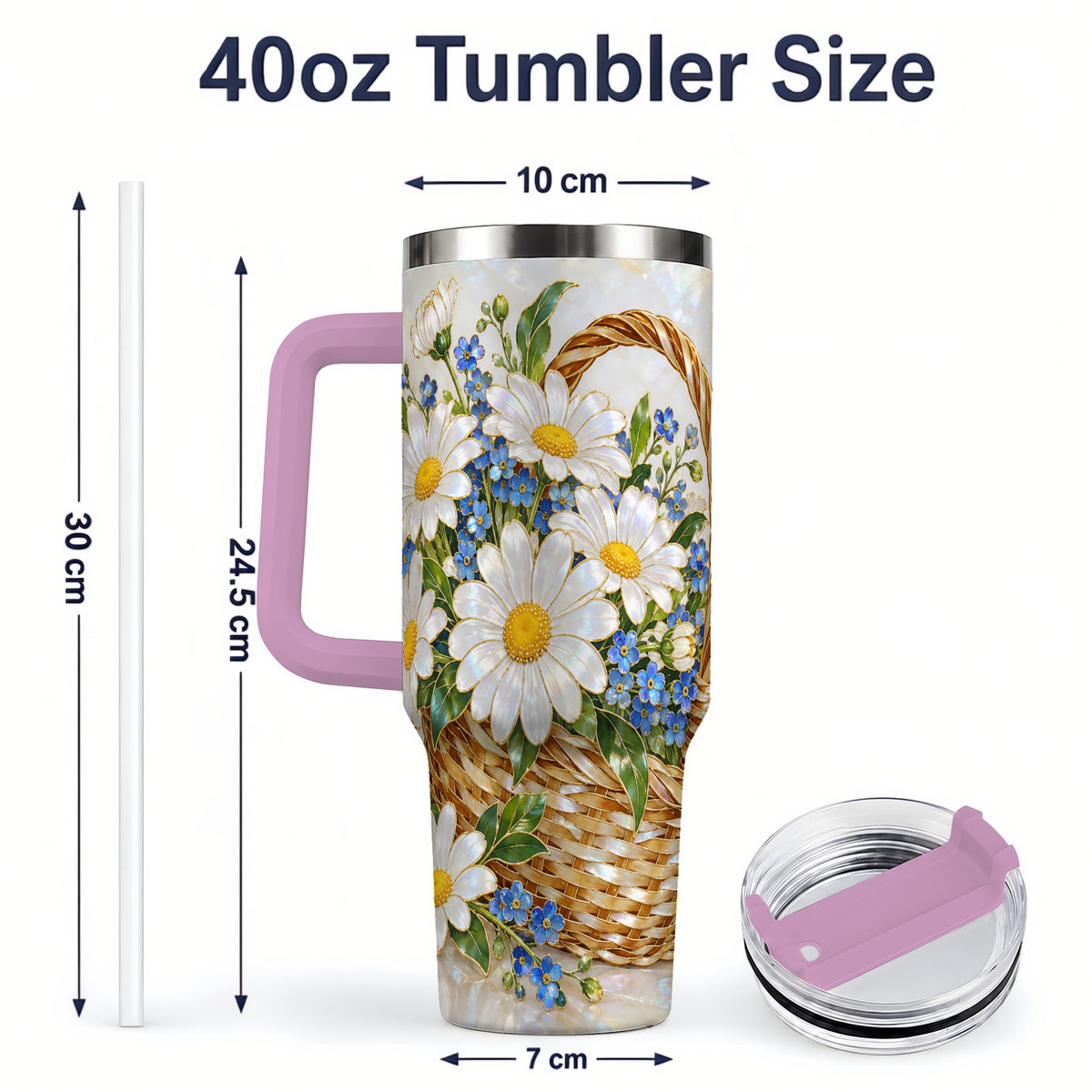 #pl[40oz|Pink] Daisy Flower Basket 40oz Tumbler, Botanical Floral Drinkware