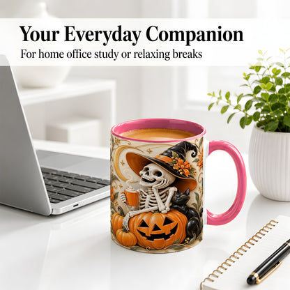 #pl[11oz|Pink] Halloween Witch Skeleton Ceramic Mug, Black Cat Pumpkin Art