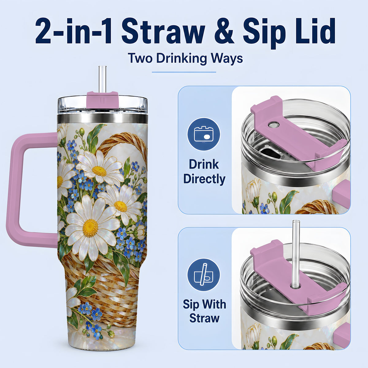 #pl[40oz|Pink] Daisy Flower Basket 40oz Tumbler, Botanical Floral Drinkware
