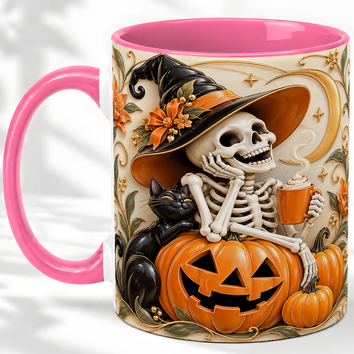 #pl[11oz|Pink] Halloween Witch Skeleton Ceramic Mug, Black Cat Pumpkin Art