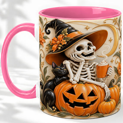 #pl[11oz|Pink] Halloween Witch Skeleton Ceramic Mug, Black Cat Pumpkin Art
