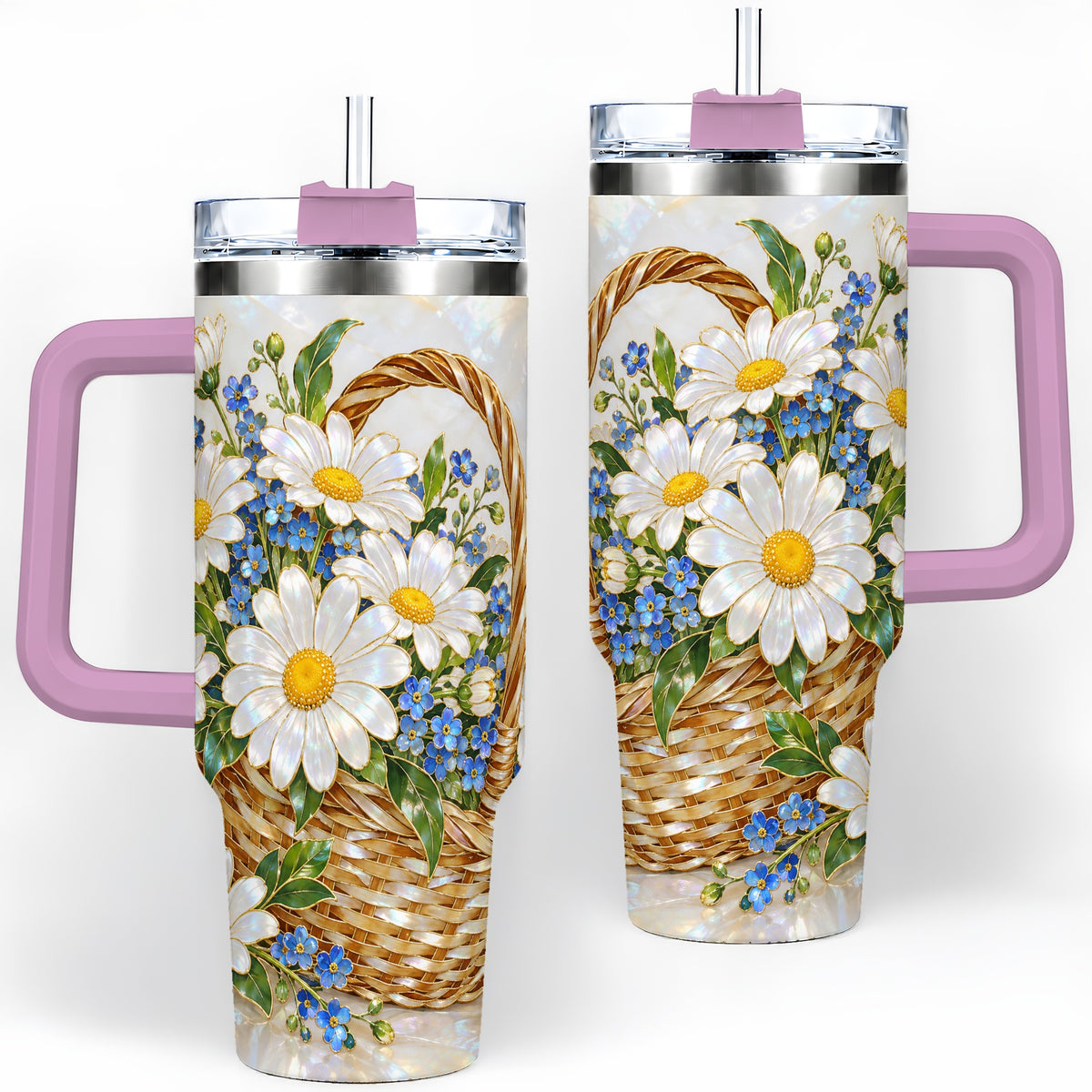 #pl[40oz|Pink] Daisy Flower Basket 40oz Tumbler, Botanical Floral Drinkware