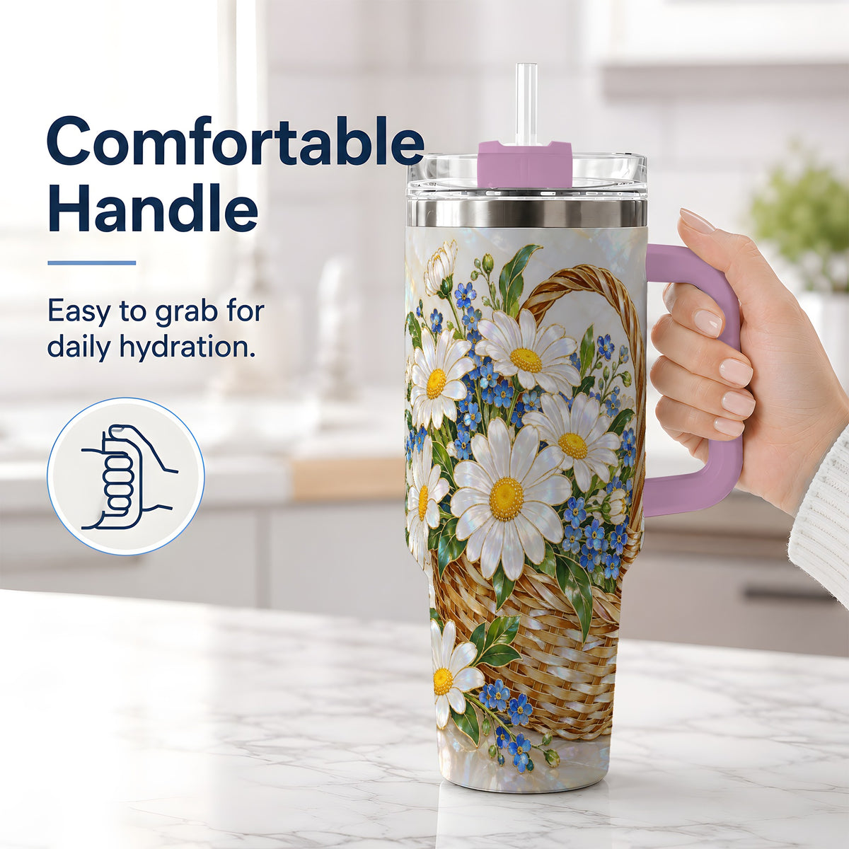#pl[40oz|Pink] Daisy Flower Basket 40oz Tumbler, Botanical Floral Drinkware