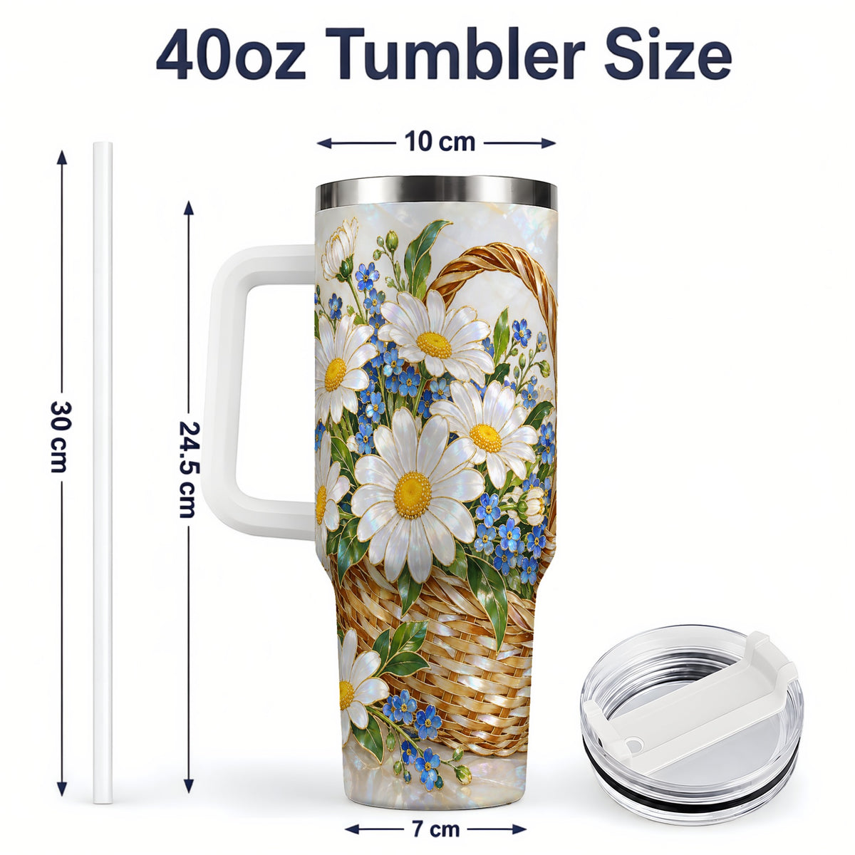 #pl[40oz|White] Daisy Flower Basket 40oz Tumbler, Botanical Floral Drinkware