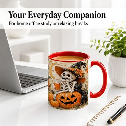 #pl[11oz|Red] Halloween Witch Skeleton Ceramic Mug, Black Cat Pumpkin Art