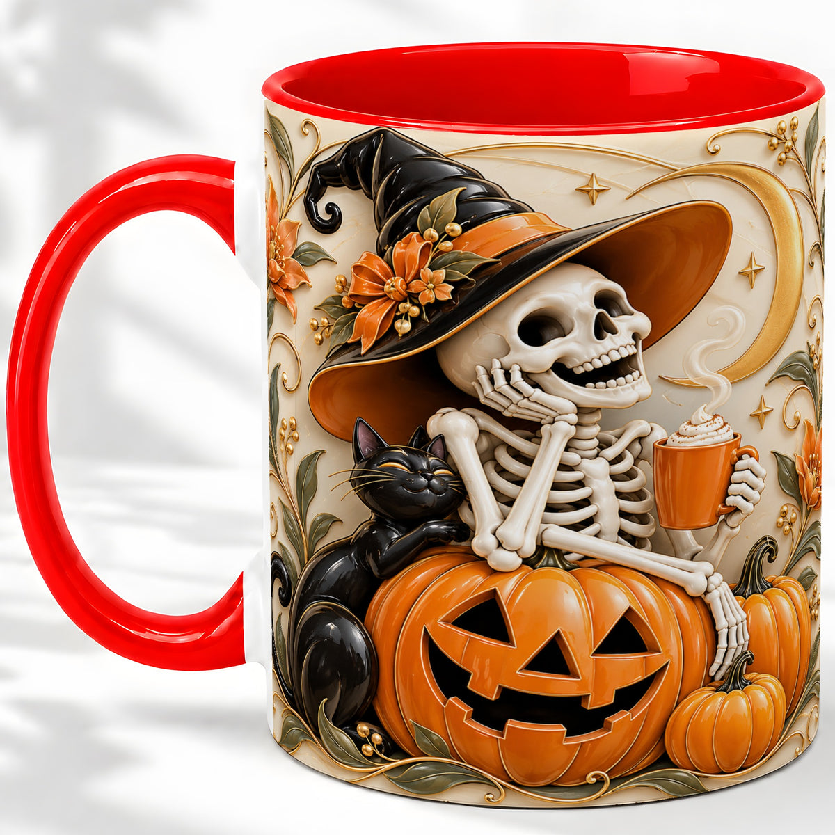 Halloween Witch Skeleton Ceramic Mug, Black Cat Pumpkin Art