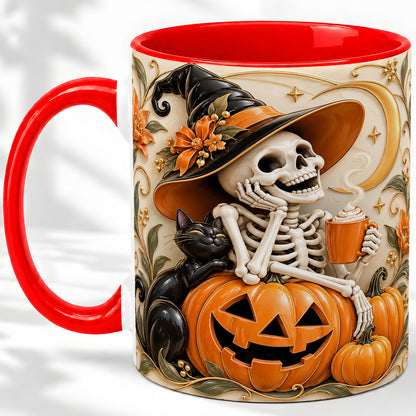 Halloween Witch Skeleton Ceramic Mug, Black Cat Pumpkin Art
