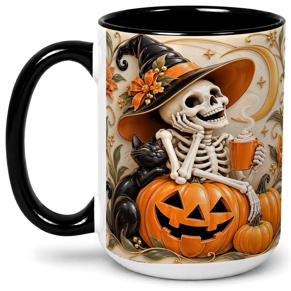 #pl[15oz|Black] Halloween Witch Skeleton Ceramic Mug, Black Cat Pumpkin Art