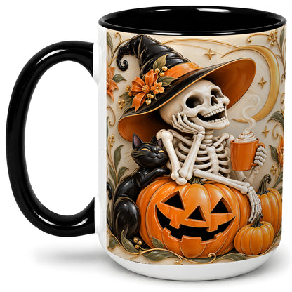 #pl[15oz|Black] Halloween Witch Skeleton Ceramic Mug, Black Cat Pumpkin Art
