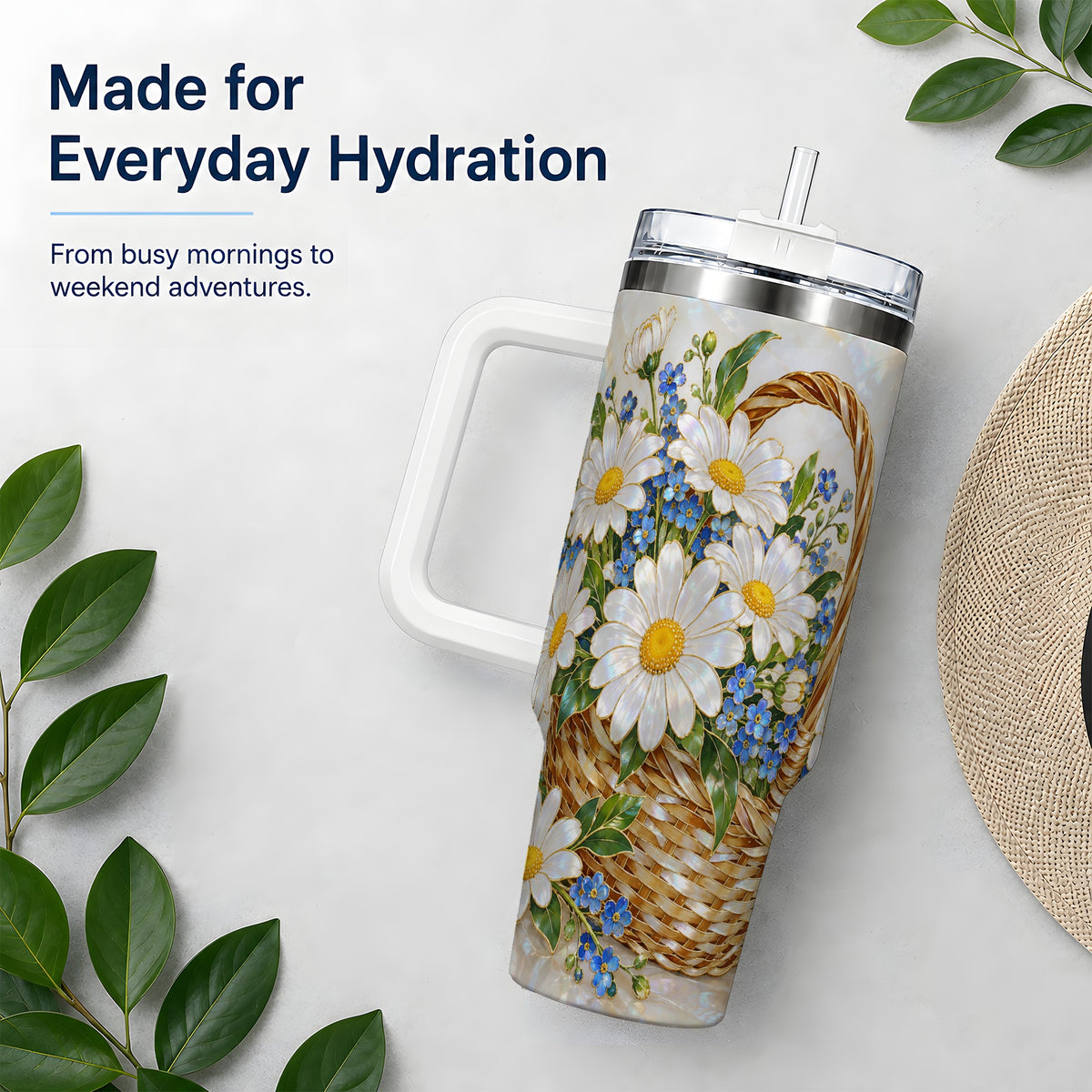 Daisy Flower Basket 40oz Tumbler, Botanical Floral Drinkware