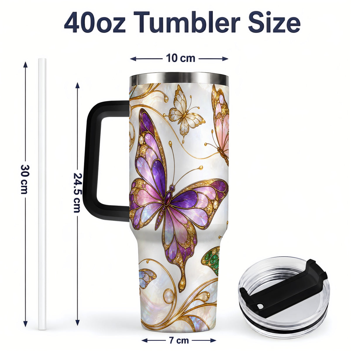 #pl[40oz|Black] Butterfly Stained Glass Style 40oz Tumbler, Floral Artwork