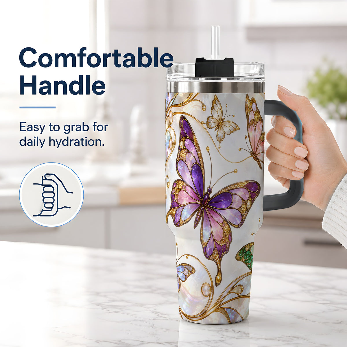 #pl[40oz|Black] Butterfly Stained Glass Style 40oz Tumbler, Floral Artwork