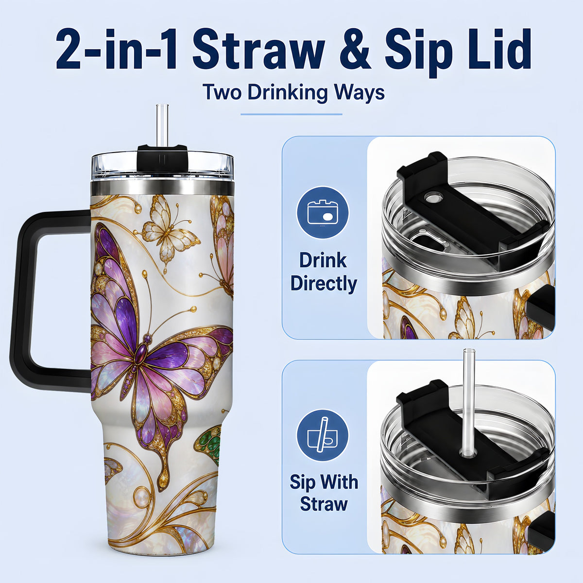 #pl[40oz|Black] Butterfly Stained Glass Style 40oz Tumbler, Floral Artwork