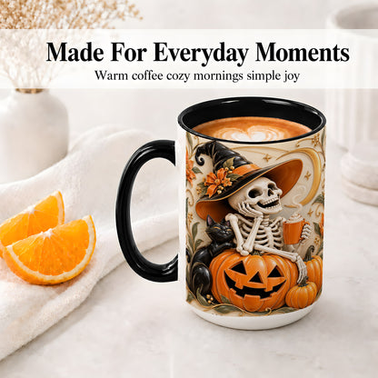 #pl[15oz|Black] Halloween Witch Skeleton Ceramic Mug, Black Cat Pumpkin Art