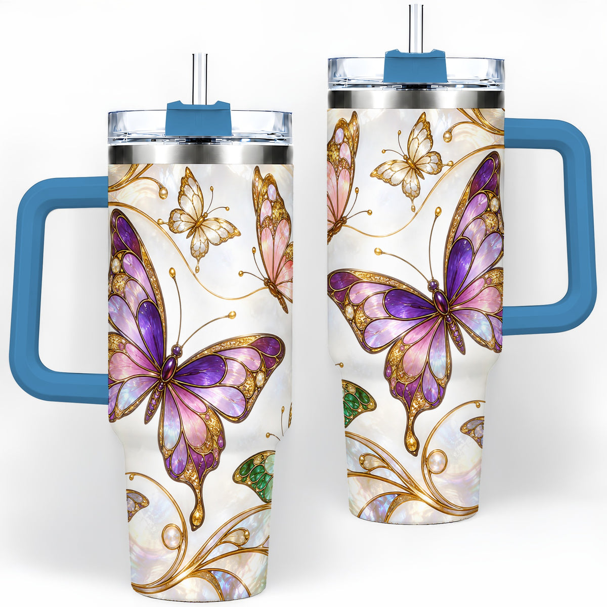 #pl[40oz|Blue] Butterfly Stained Glass Style 40oz Tumbler, Floral Artwork
