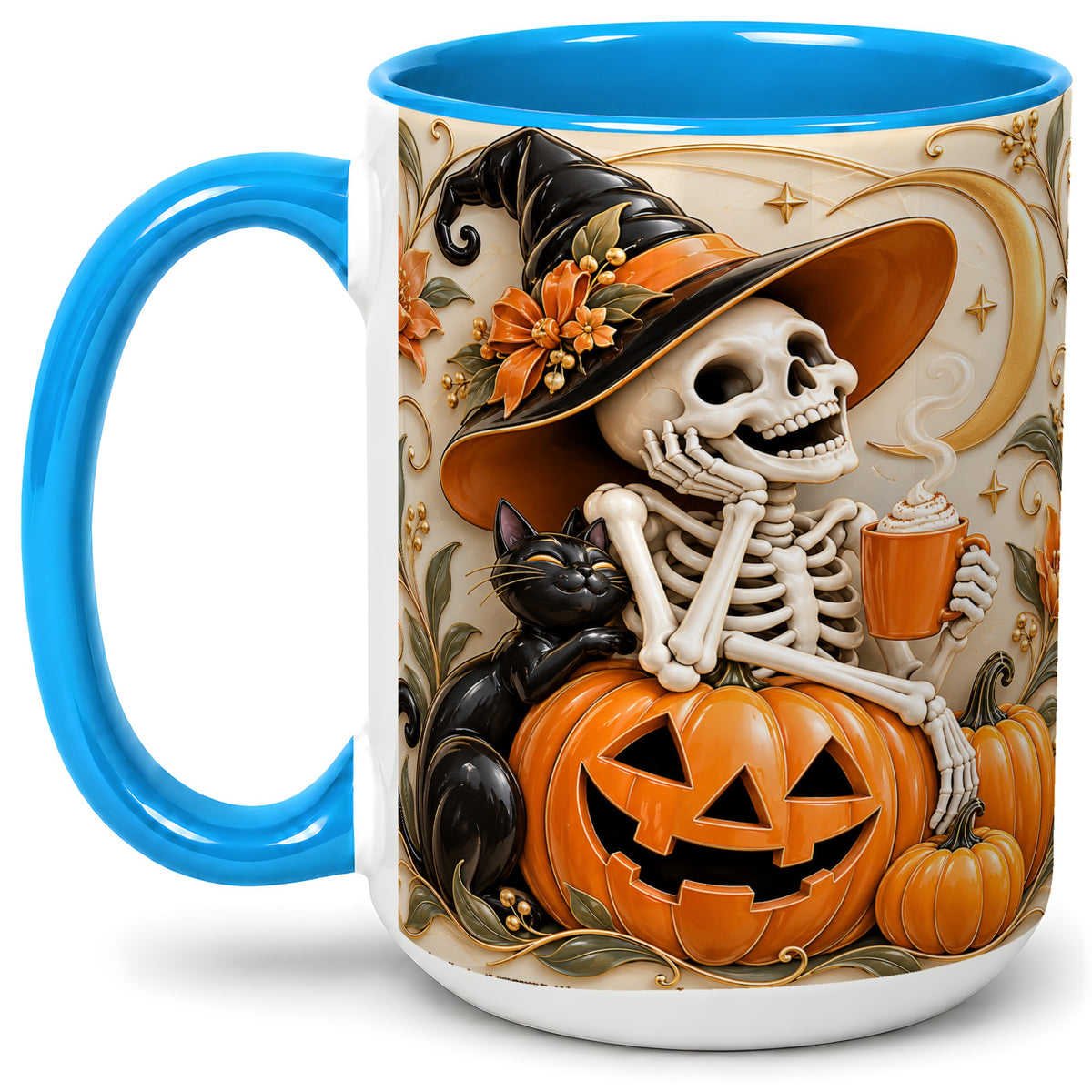#pl[15oz|Blue] Halloween Witch Skeleton Ceramic Mug, Black Cat Pumpkin Art
