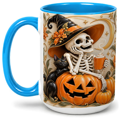 #pl[15oz|Blue] Halloween Witch Skeleton Ceramic Mug, Black Cat Pumpkin Art