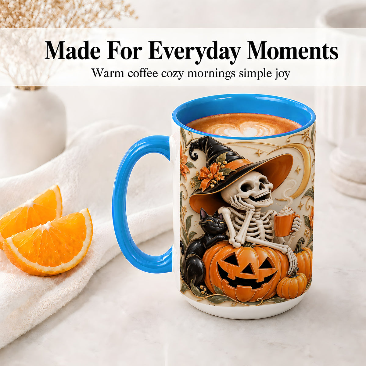 #pl[15oz|Blue] Halloween Witch Skeleton Ceramic Mug, Black Cat Pumpkin Art