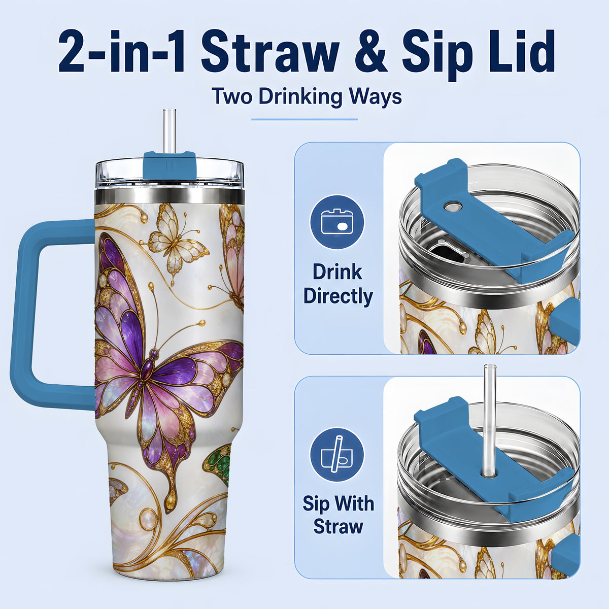 #pl[40oz|Blue] Butterfly Stained Glass Style 40oz Tumbler, Floral Artwork