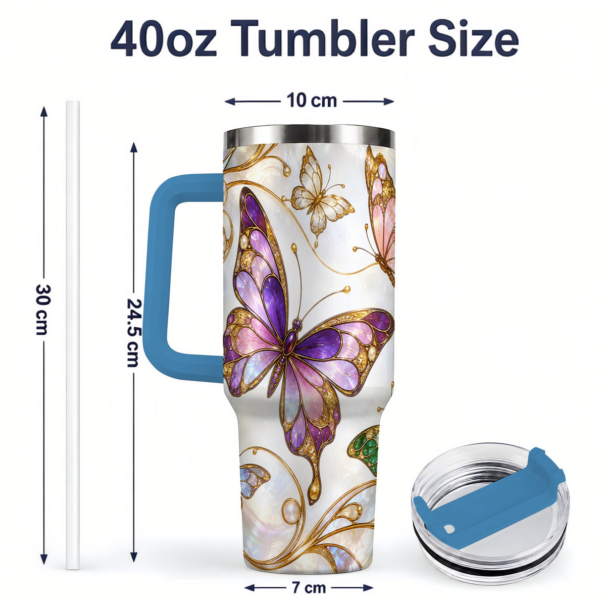 #pl[40oz|Blue] Butterfly Stained Glass Style 40oz Tumbler, Floral Artwork