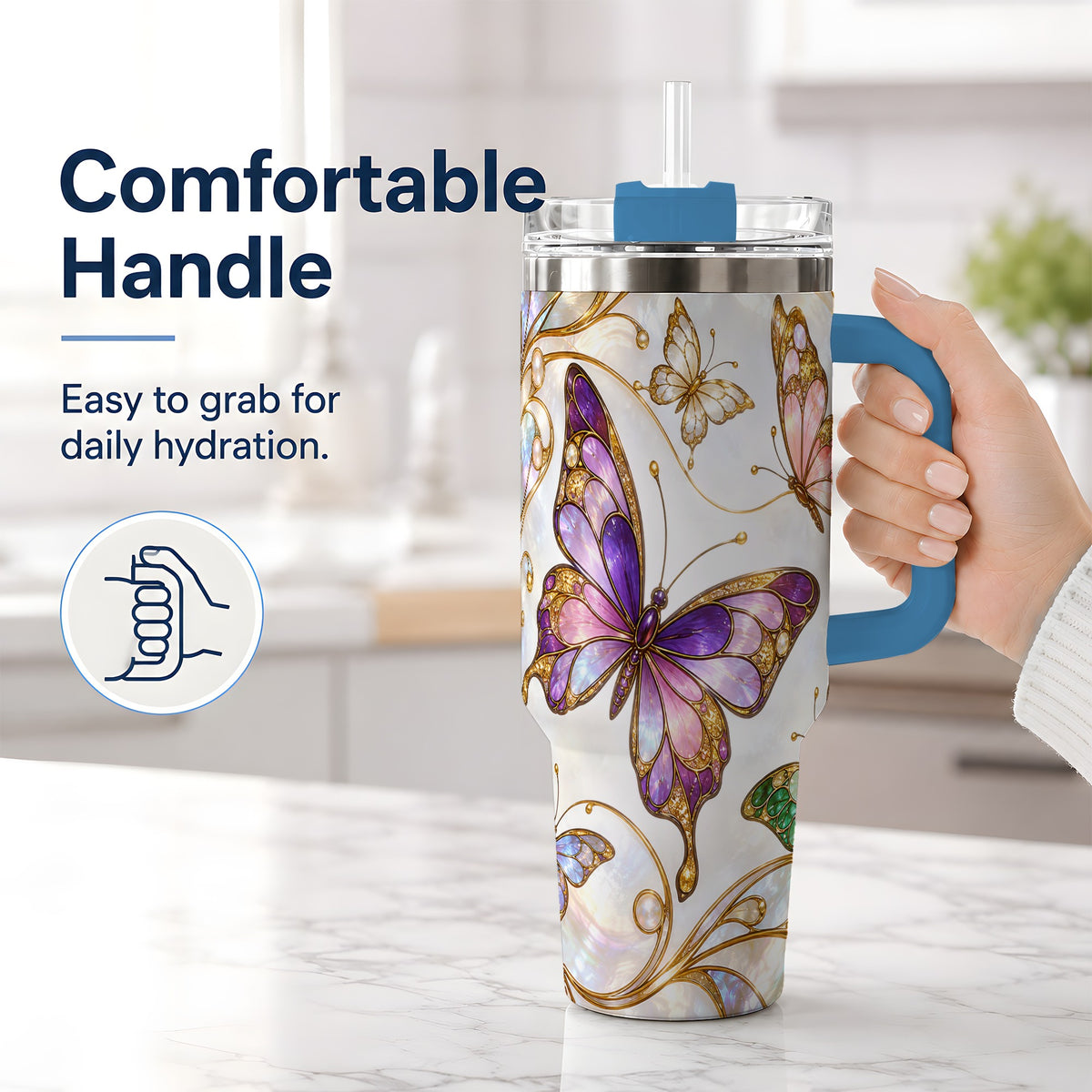 #pl[40oz|Blue] Butterfly Stained Glass Style 40oz Tumbler, Floral Artwork