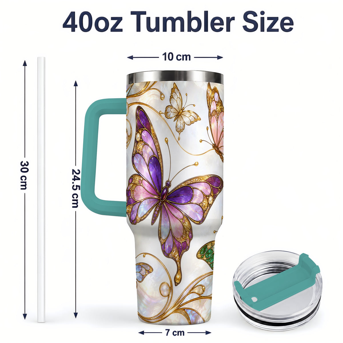 #pl[40oz|Green] Butterfly Stained Glass Style 40oz Tumbler, Floral Artwork