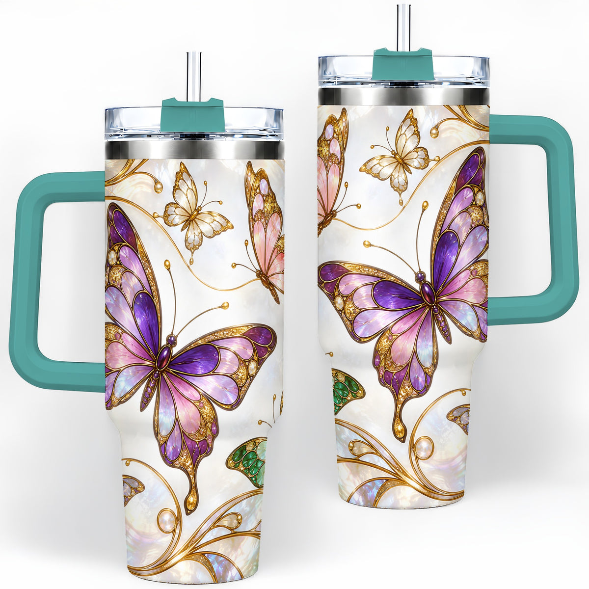 #pl[40oz|Green] Butterfly Stained Glass Style 40oz Tumbler, Floral Artwork