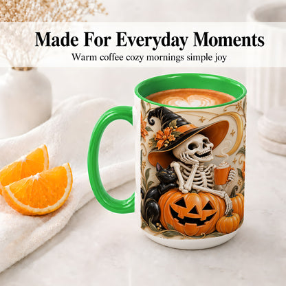 #pl[15oz|Green] Halloween Witch Skeleton Ceramic Mug, Black Cat Pumpkin Art