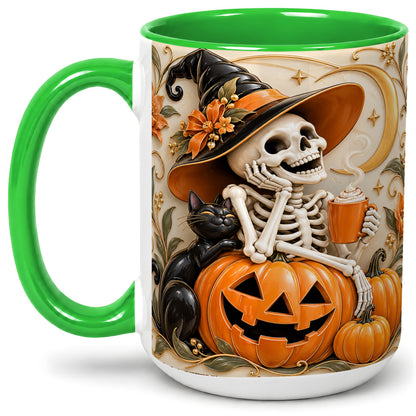 #pl[15oz|Green] Halloween Witch Skeleton Ceramic Mug, Black Cat Pumpkin Art