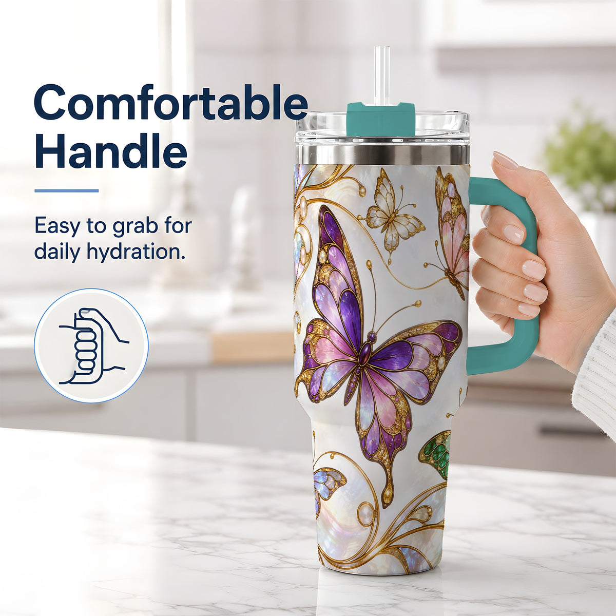 #pl[40oz|Green] Butterfly Stained Glass Style 40oz Tumbler, Floral Artwork