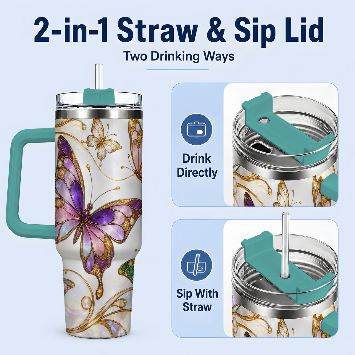#pl[40oz|Green] Butterfly Stained Glass Style 40oz Tumbler, Floral Artwork