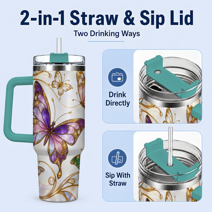 #pl[40oz|Green] Butterfly Stained Glass Style 40oz Tumbler, Floral Artwork