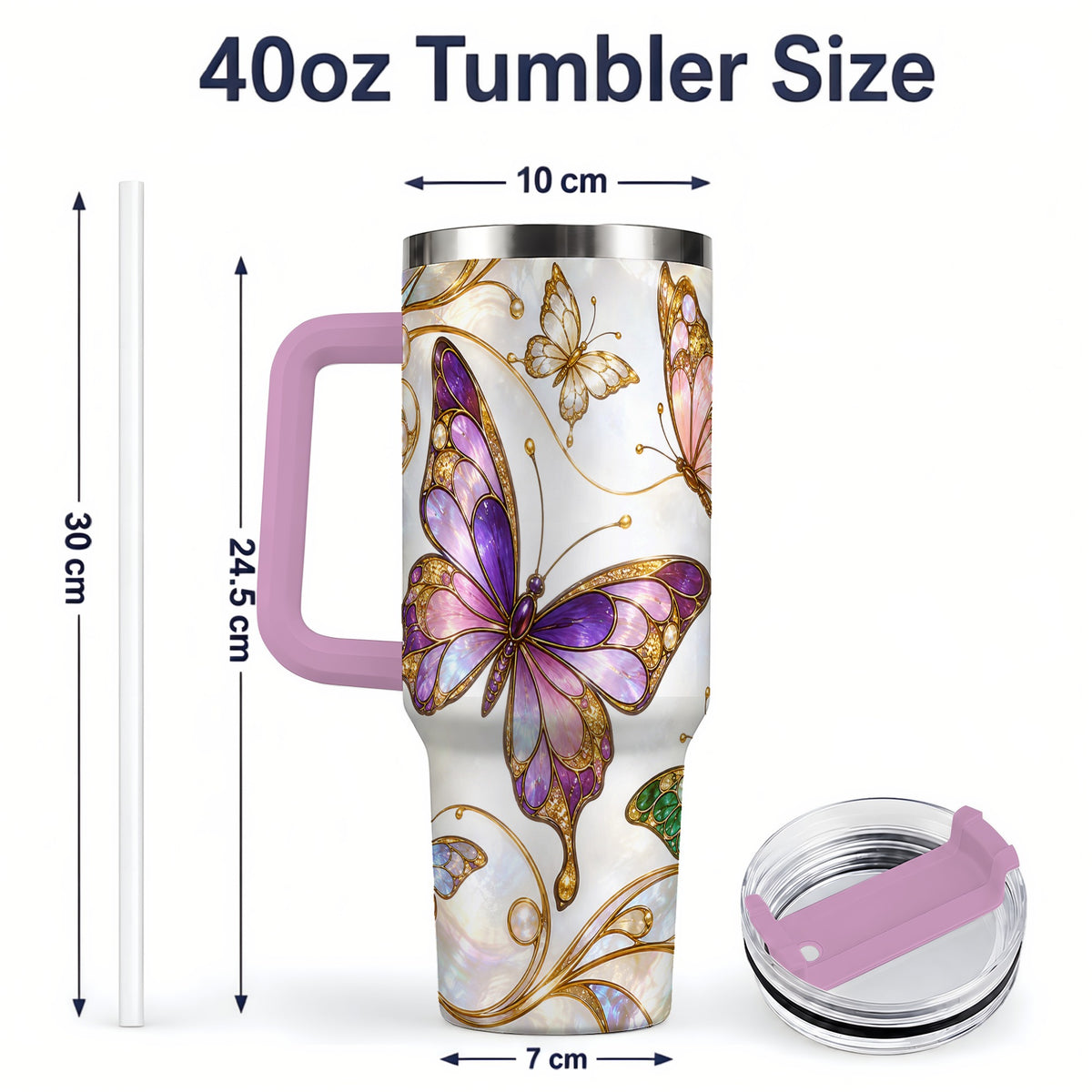 #pl[40oz|Pink] Butterfly Stained Glass Style 40oz Tumbler, Floral Artwork