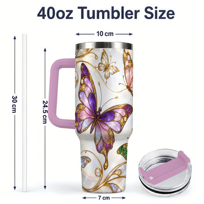 #pl[40oz|Pink] Butterfly Stained Glass Style 40oz Tumbler, Floral Artwork