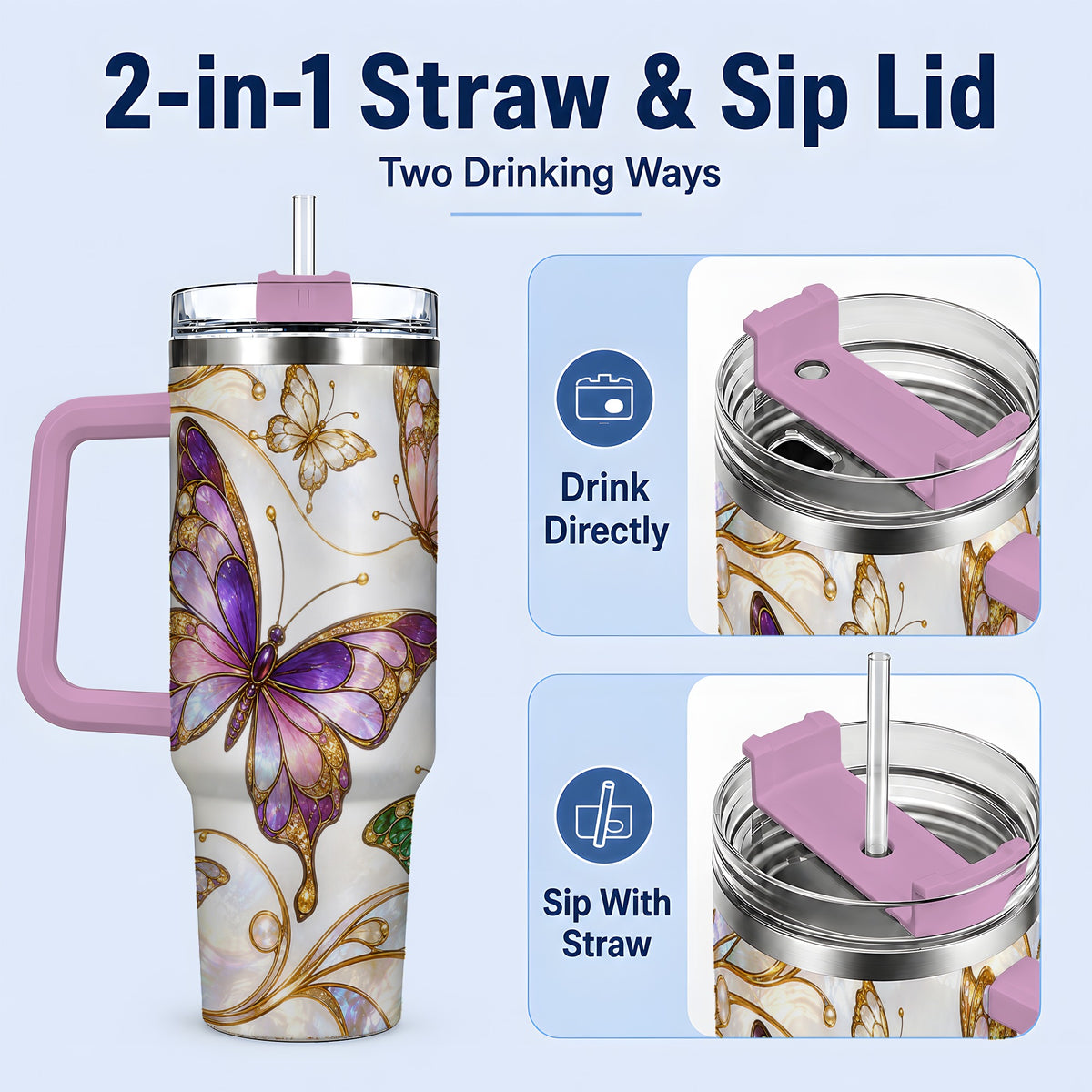 #pl[40oz|Pink] Butterfly Stained Glass Style 40oz Tumbler, Floral Artwork