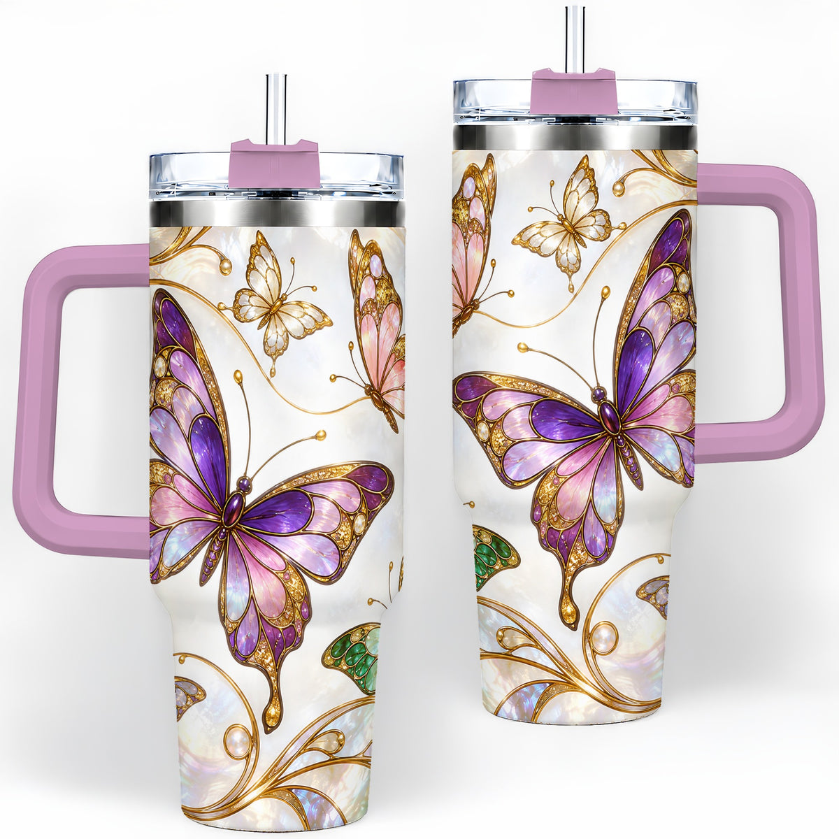 #pl[40oz|Pink] Butterfly Stained Glass Style 40oz Tumbler, Floral Artwork