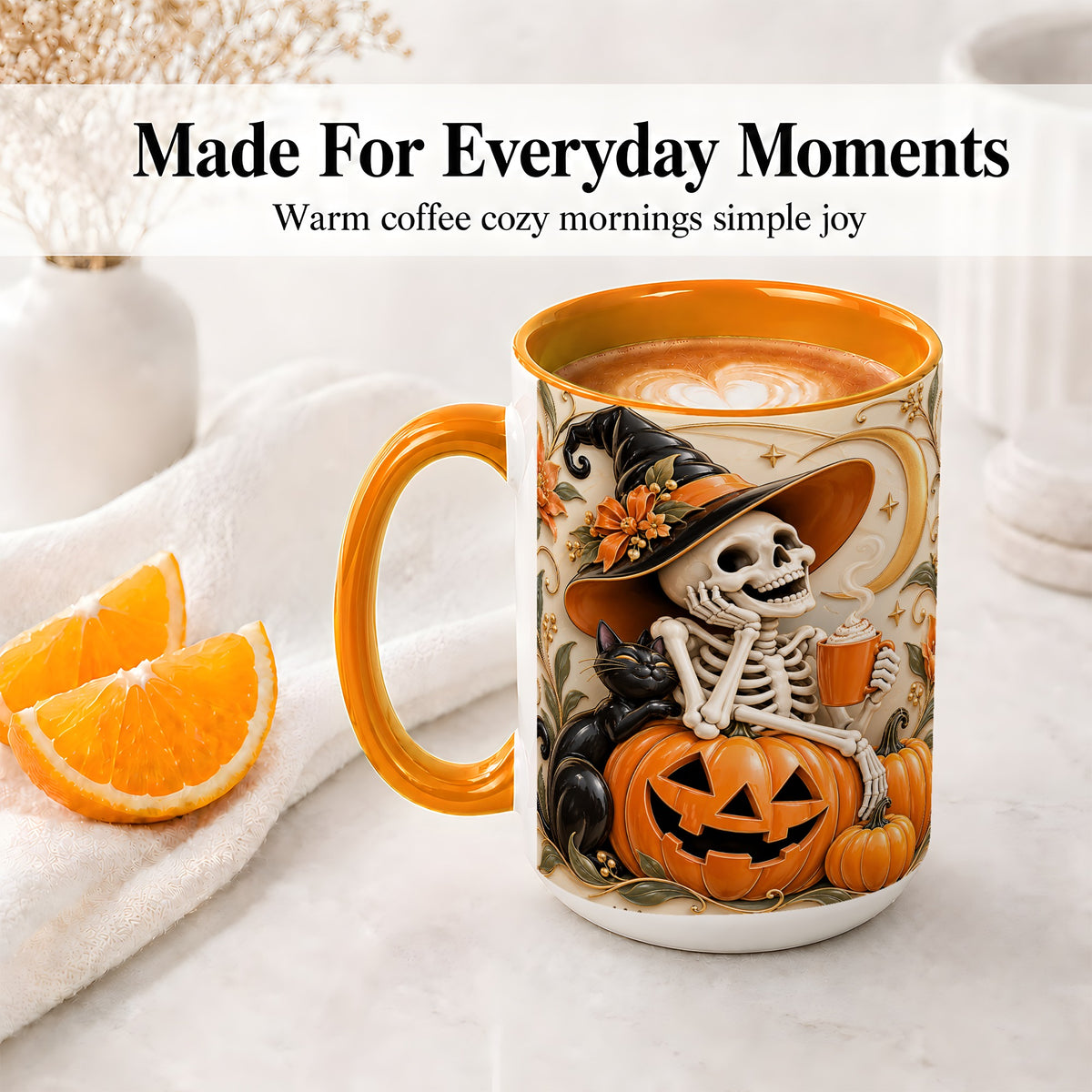 #pl[15oz|Orange] Halloween Witch Skeleton Ceramic Mug, Black Cat Pumpkin Art