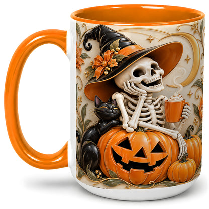 #pl[15oz|Orange] Halloween Witch Skeleton Ceramic Mug, Black Cat Pumpkin Art
