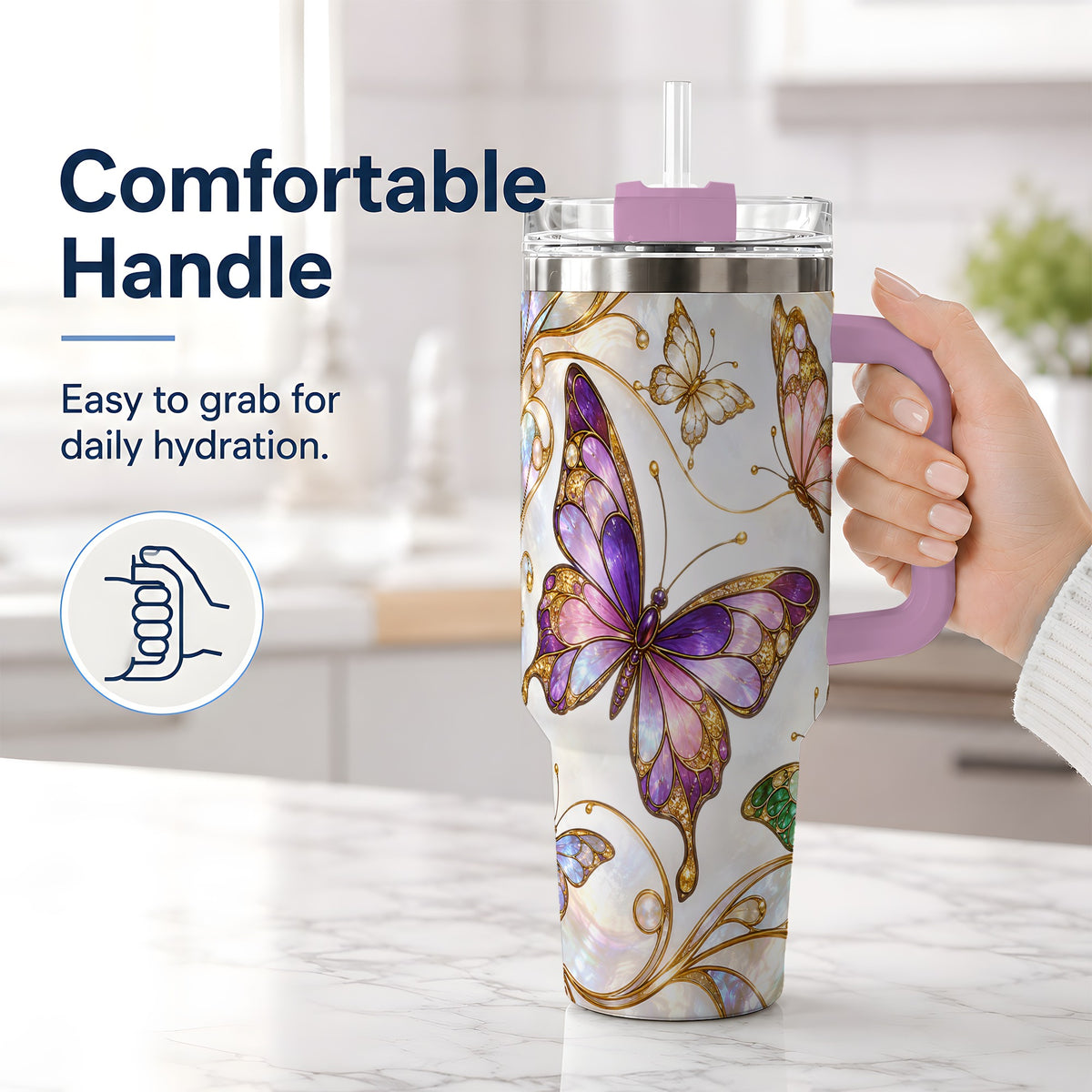 #pl[40oz|Pink] Butterfly Stained Glass Style 40oz Tumbler, Floral Artwork