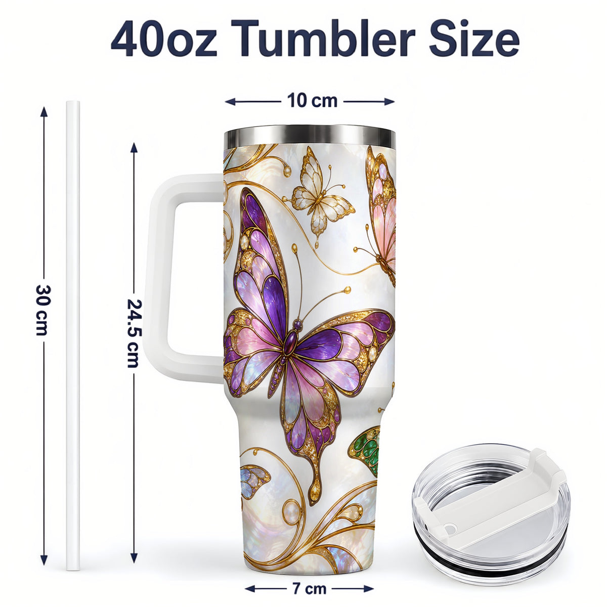 #pl[40oz|White] Butterfly Stained Glass Style 40oz Tumbler, Floral Artwork