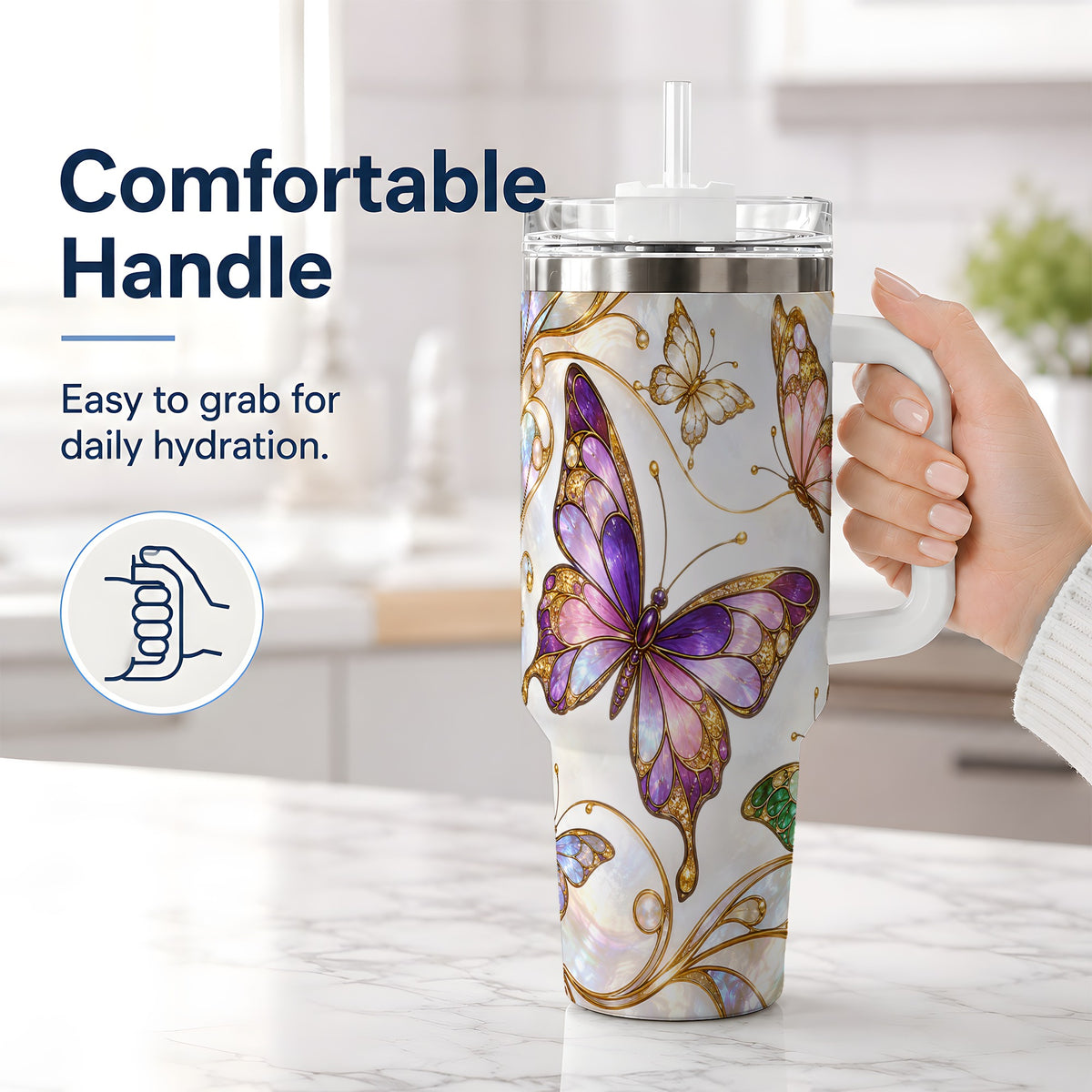 #pl[40oz|White] Butterfly Stained Glass Style 40oz Tumbler, Floral Artwork