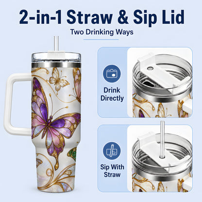 #pl[40oz|White] Butterfly Stained Glass Style 40oz Tumbler, Floral Artwork