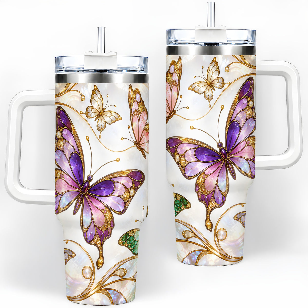 Butterfly Stained Glass Style 40oz Tumbler, Floral Artwork