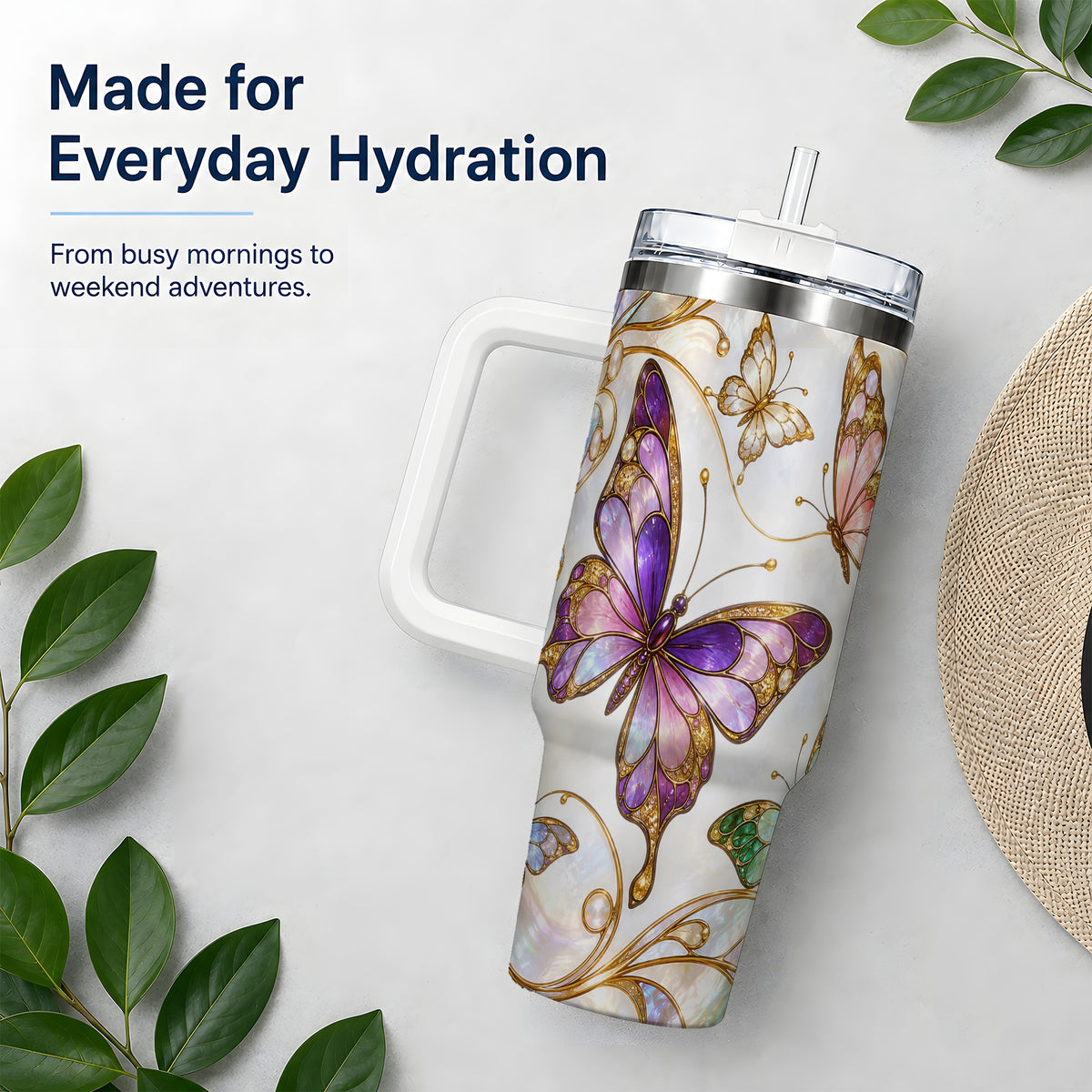Butterfly Stained Glass Style 40oz Tumbler, Floral Artwork