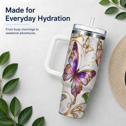Butterfly Stained Glass Style 40oz Tumbler, Floral Artwork