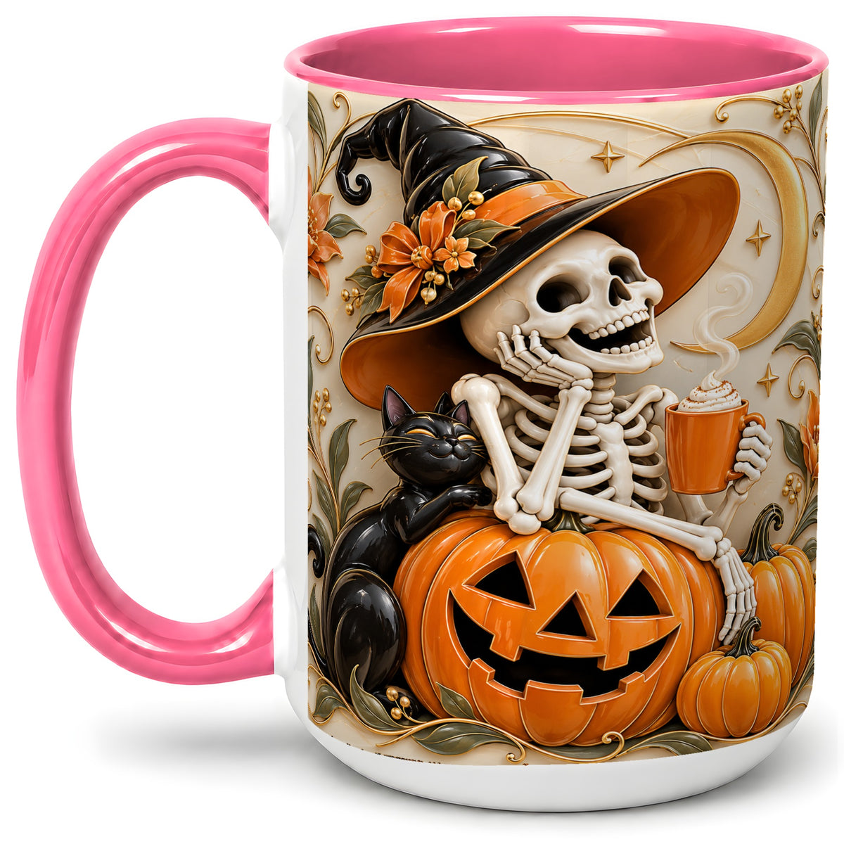 #pl[15oz|Pink] Halloween Witch Skeleton Ceramic Mug, Black Cat Pumpkin Art